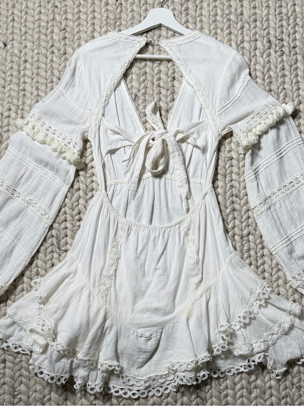 HEMANT & NANDITA-Boho Lace Trim White Mini Dress - Picture 5 of 8